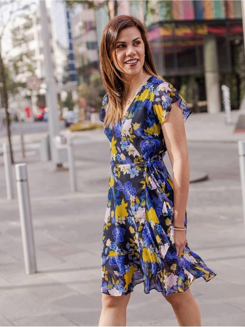 Banana Republic Floral Wrap Dress Size 4P Blue Yellow Faux Wrap Mini